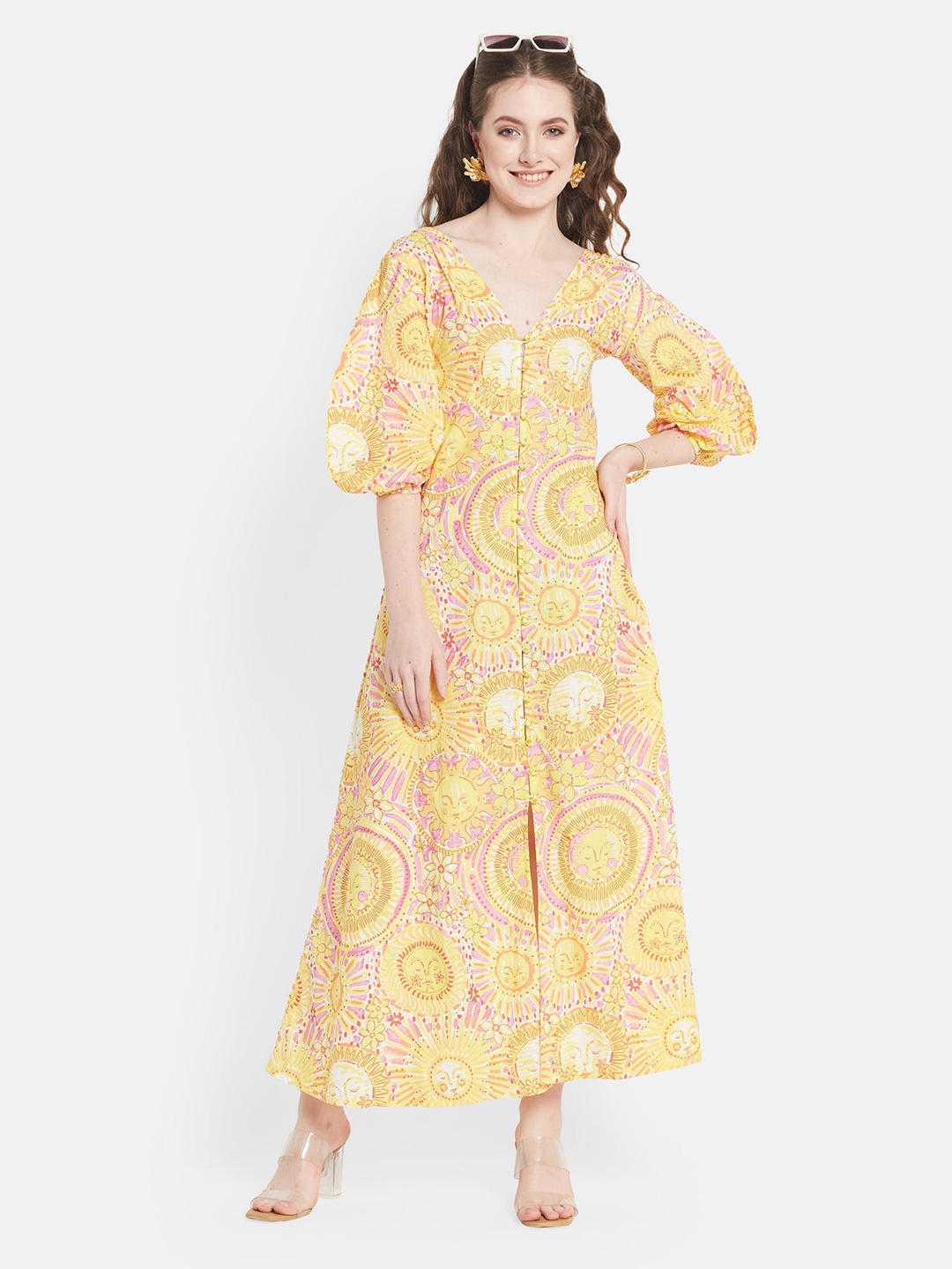 

Be Sunset Ibiza Ethnic Motifs Printed V-Neck Puff Sleeves Pure Cotton Maxi Dress, Yellow