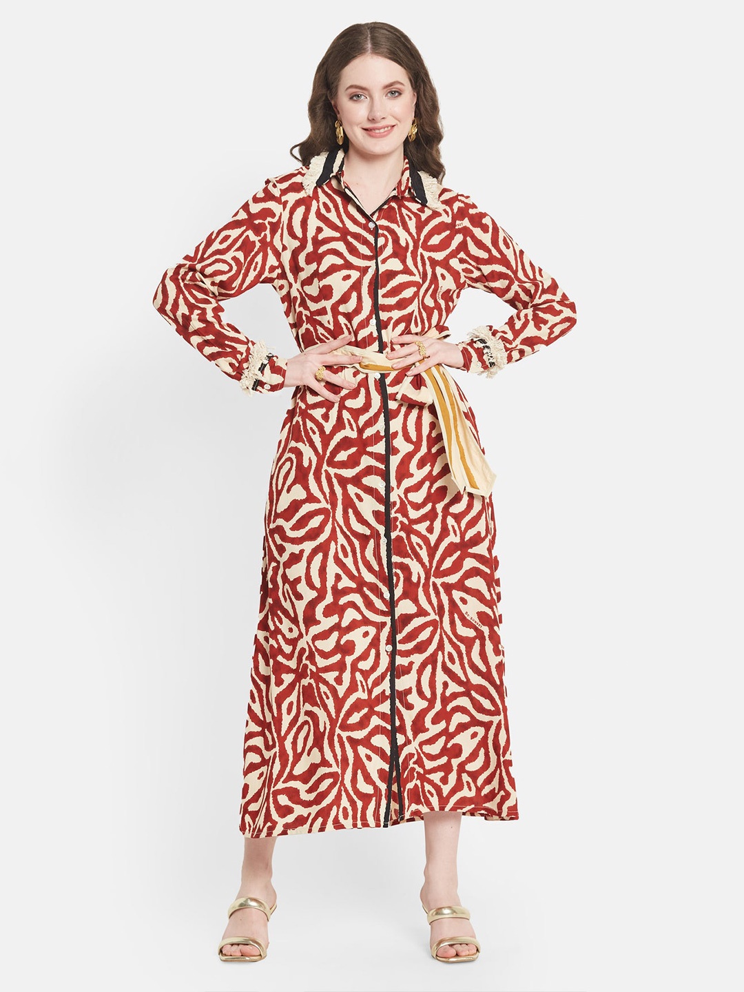 

Be Sunset Ibiza Abstract Printed Shirt Collar Cuffed Sleeves Midi Shirt Dress With Belt, Red