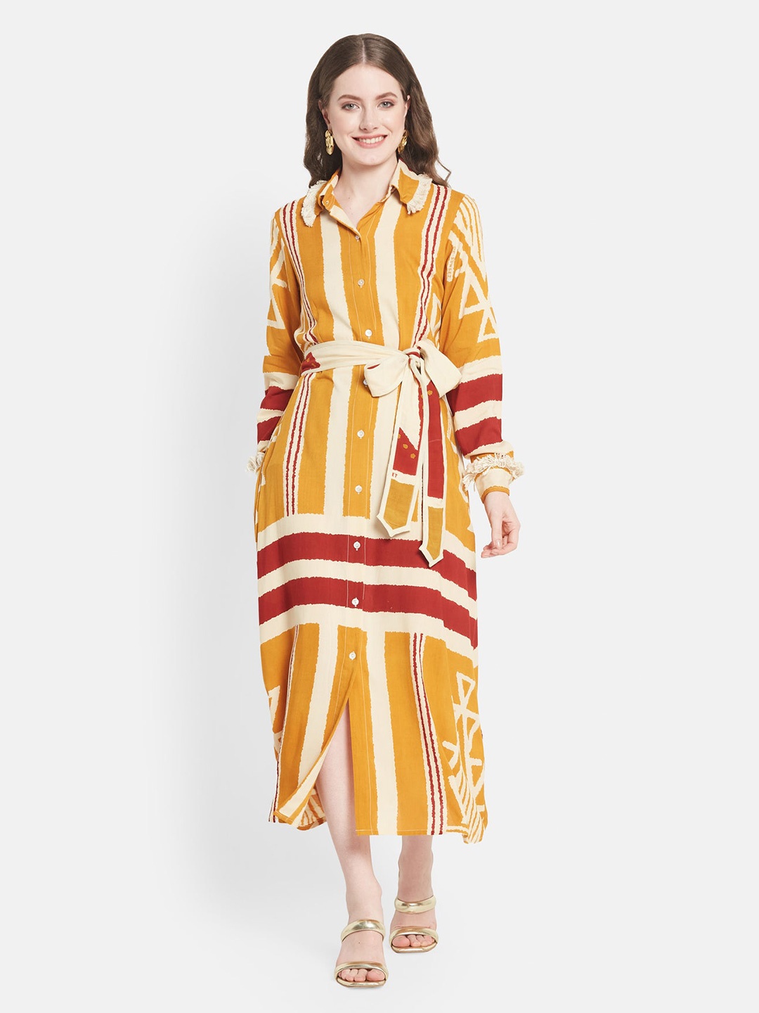 

Be Sunset Ibiza Striped Shirt Style Midi Dress, Mustard