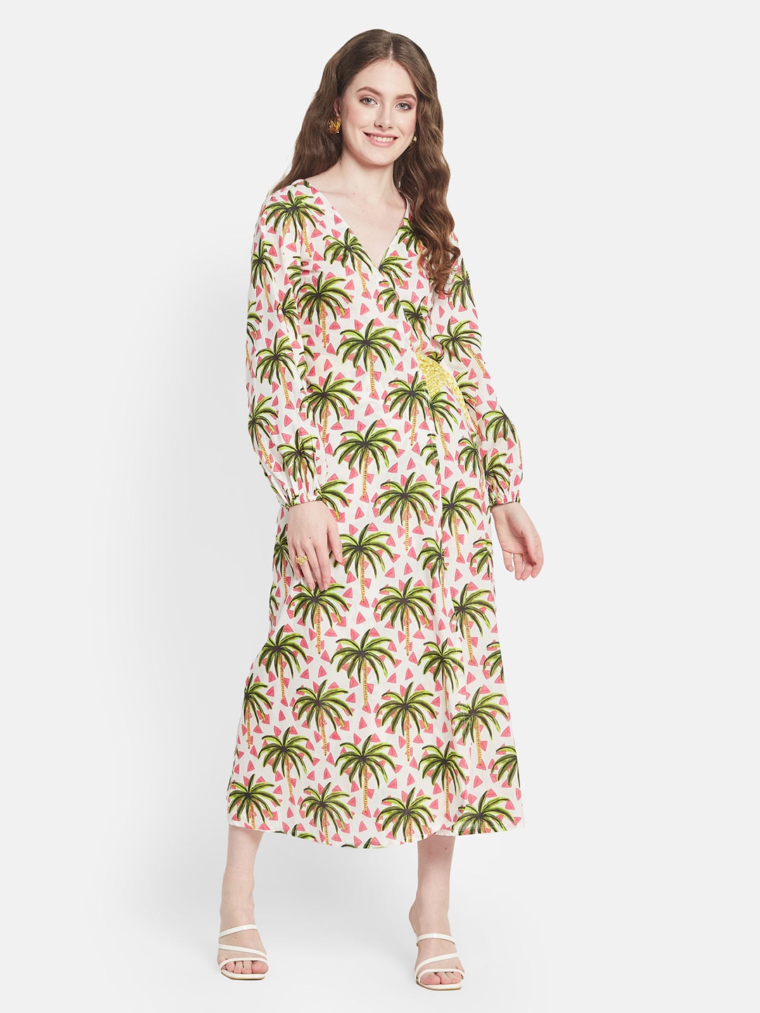 

Be Sunset Ibiza Tropical Printed V-Neck Long Sleeves Tie-Ups Cotton Wrap Midi Dress, Multi