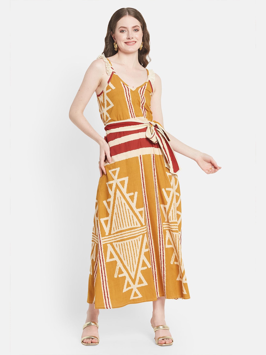 

Be Sunset Ibiza Geometric Printed Shoulder Strap Pure Cotton Maxi Dress, Mustard