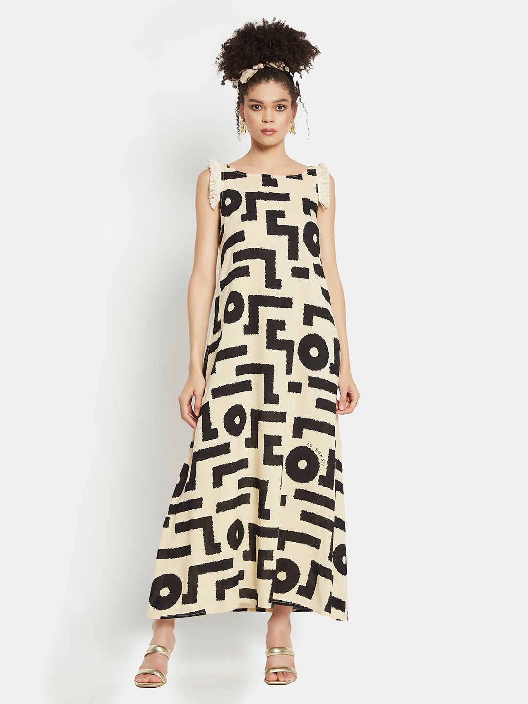 

Be Sunset Ibiza Geometric Printed Round Neck Sleeveless Maxi Dress, Black