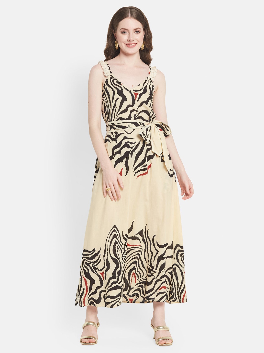 

Be Sunset Ibiza Abstract Printed Shoulder Straps Belted Cotton Fit & Flare Maxi Dress, Beige