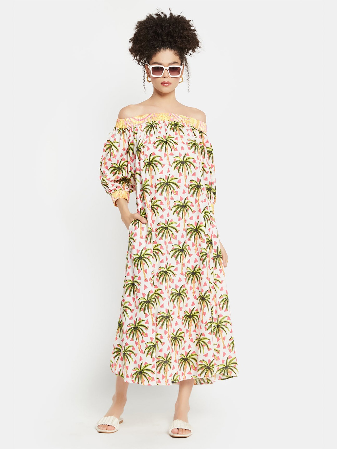 

Be Sunset Ibiza Tropical Printed Off-Shoulder Puff Sleeves Pure Cotton A-Line Midi Dress, White
