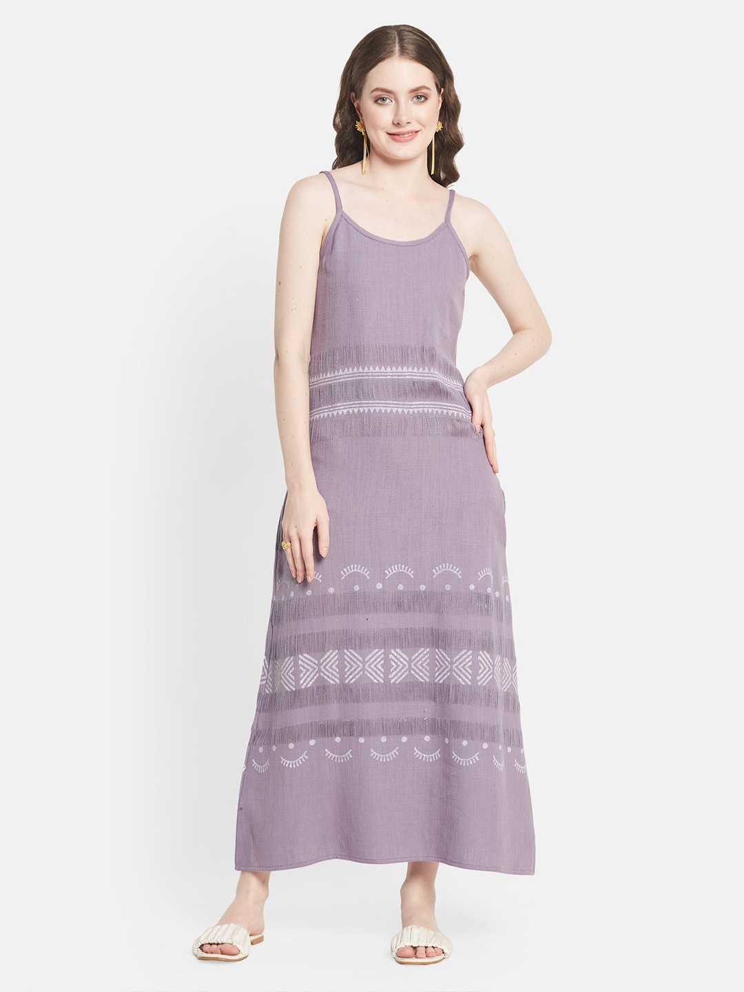 

Be Sunset Ibiza Ethnic Motif Printed Shoulder Strap Pure Cotton Maxi Dress, Lavender