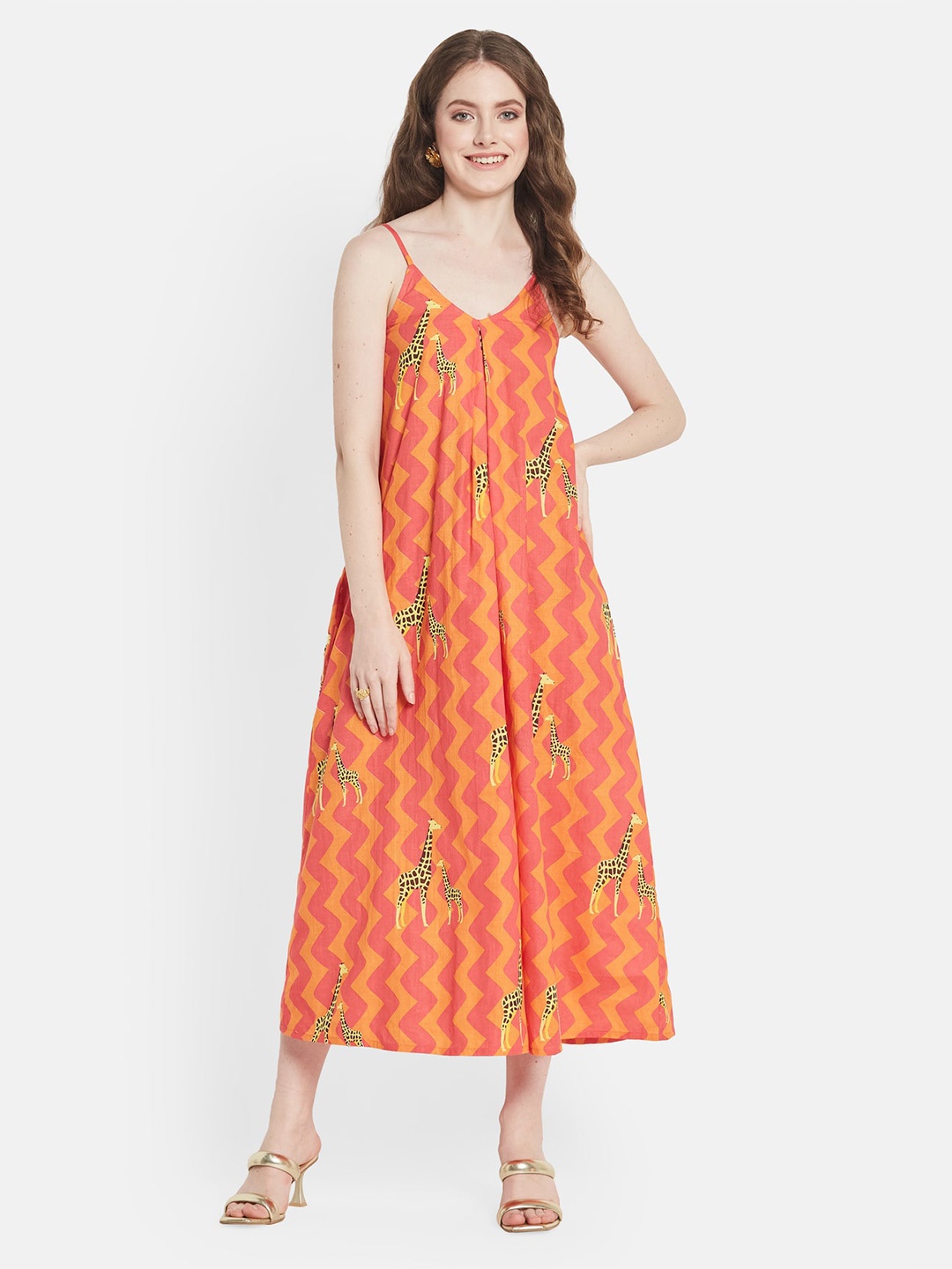 

Be Sunset Ibiza Print Pure Cotton A-Line Midi Dress, Fuchsia