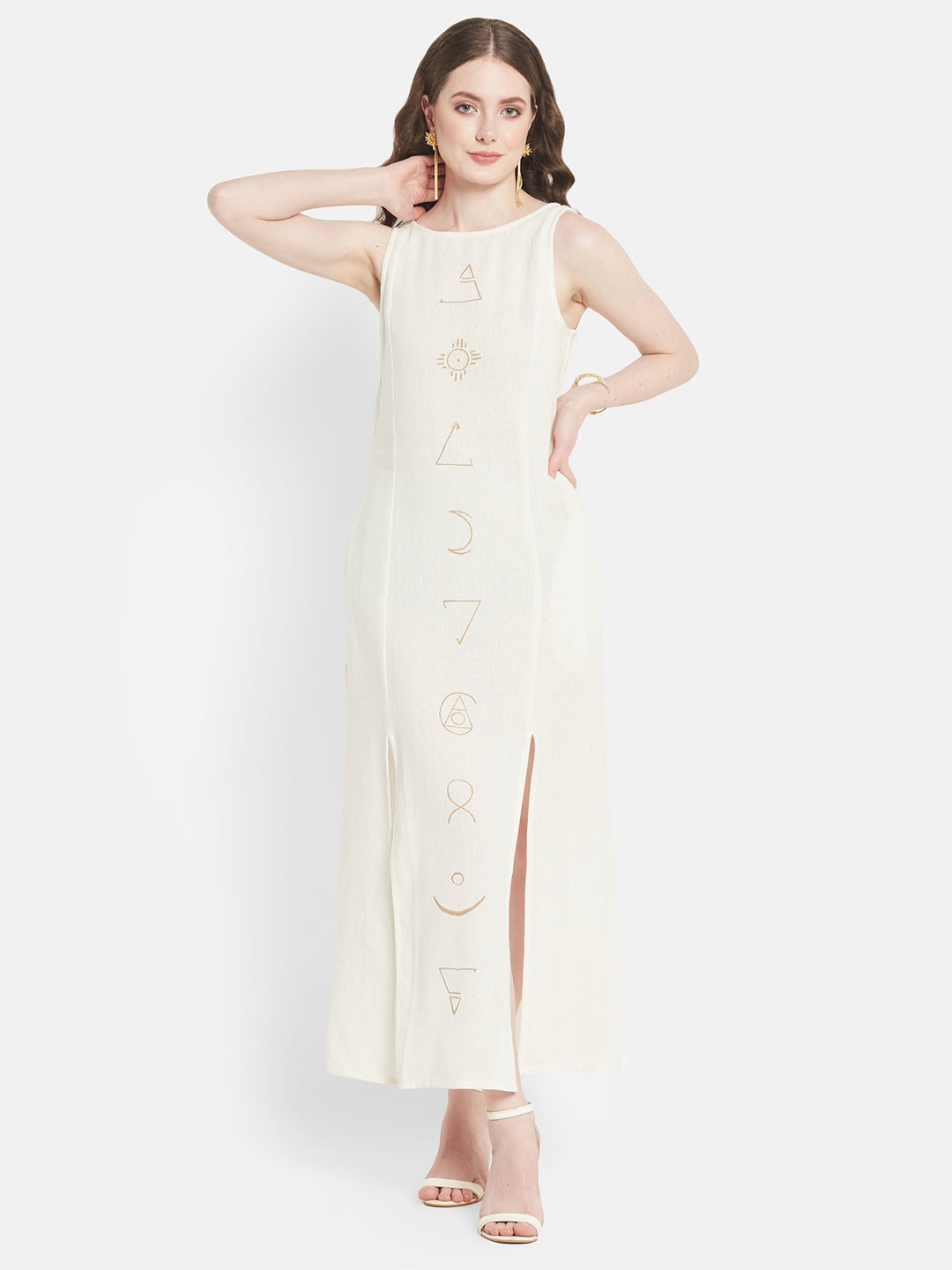 

Be Sunset Ibiza Geometric Printed Cut-Out Detailed Pure Cotton Maxi Dress, White