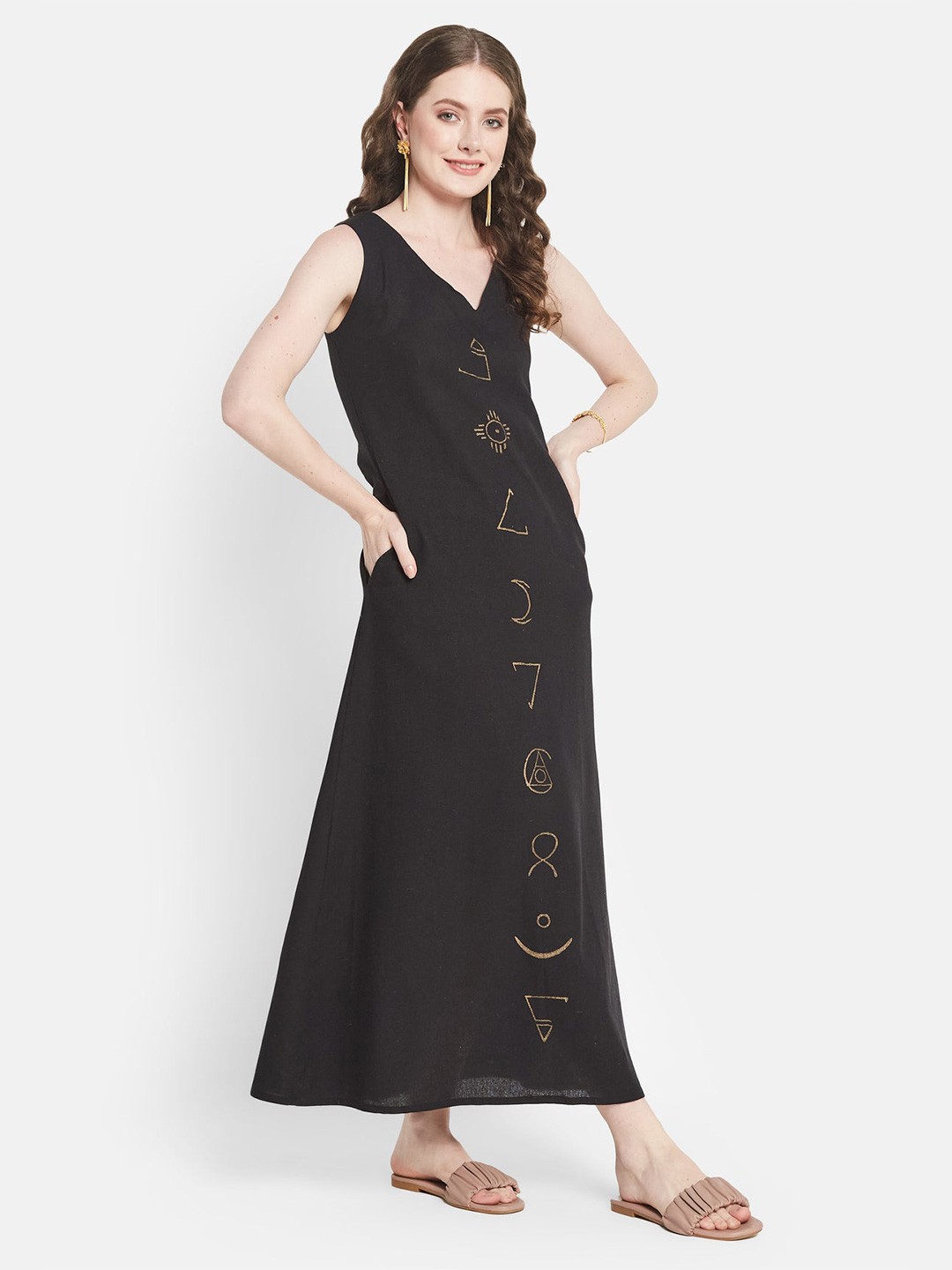 

Be Sunset Ibiza Geometric Printed V-Neck Cut-Out Detailed Pure Cotton Maxi Dress, Black
