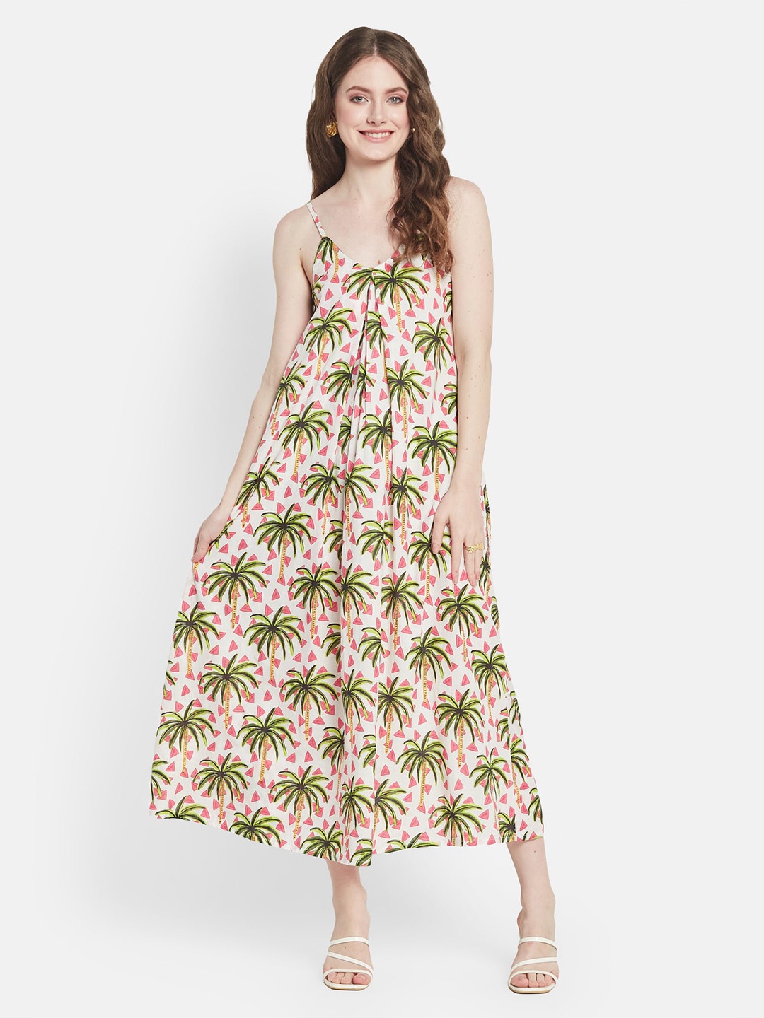 

Be Sunset Ibiza Tropical Printed Shoulder Strap Pure Cotton Maxi Dress, White
