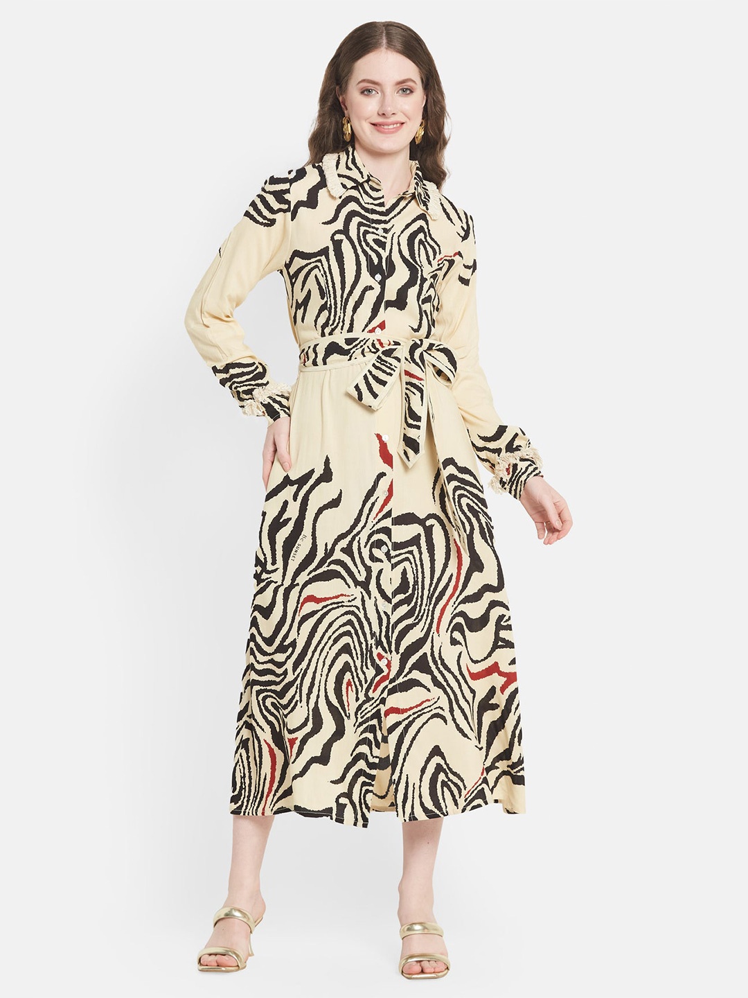 

Be Sunset Ibiza Print Shirt Midi Dress, Beige