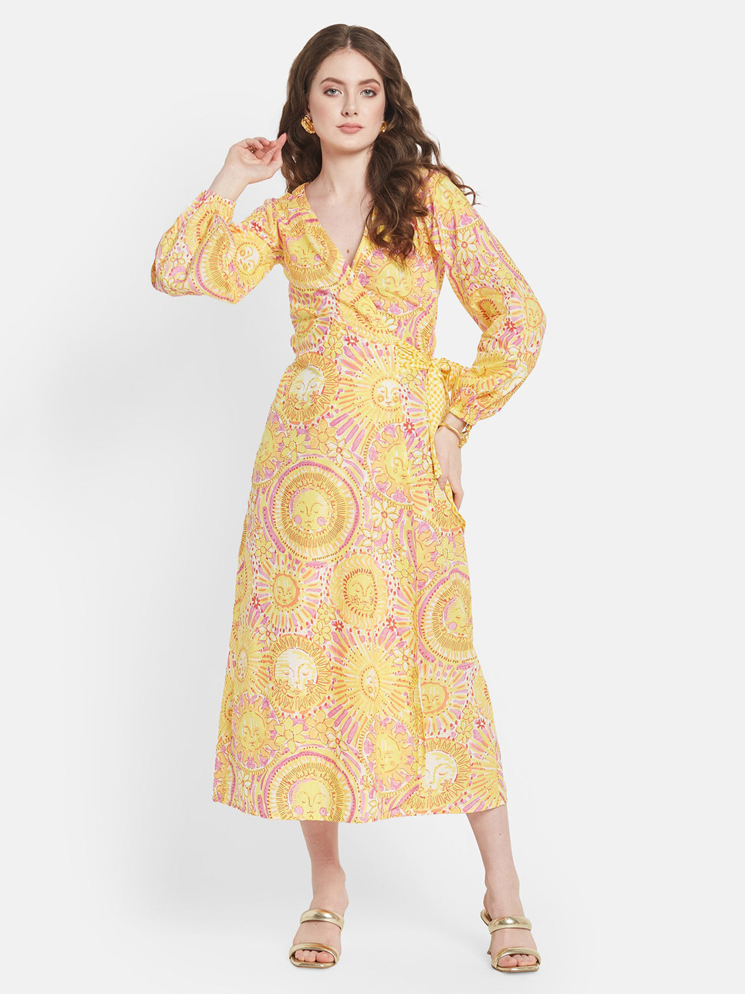 

Be Sunset Ibiza Ethnic Motifs Printed V-Neck Puff Sleeves Pure Cotton Wrap Midi Dress, Yellow