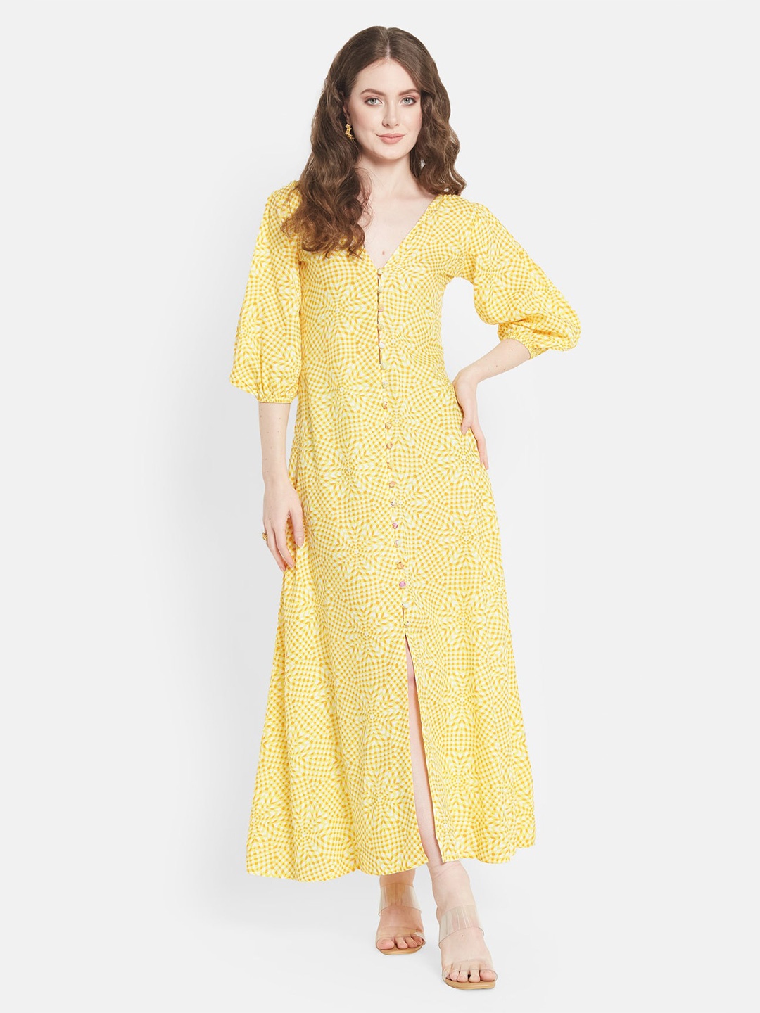 

Be Sunset Ibiza Floral Printed V-Neck Pure Cotton Maxi Dress, Yellow