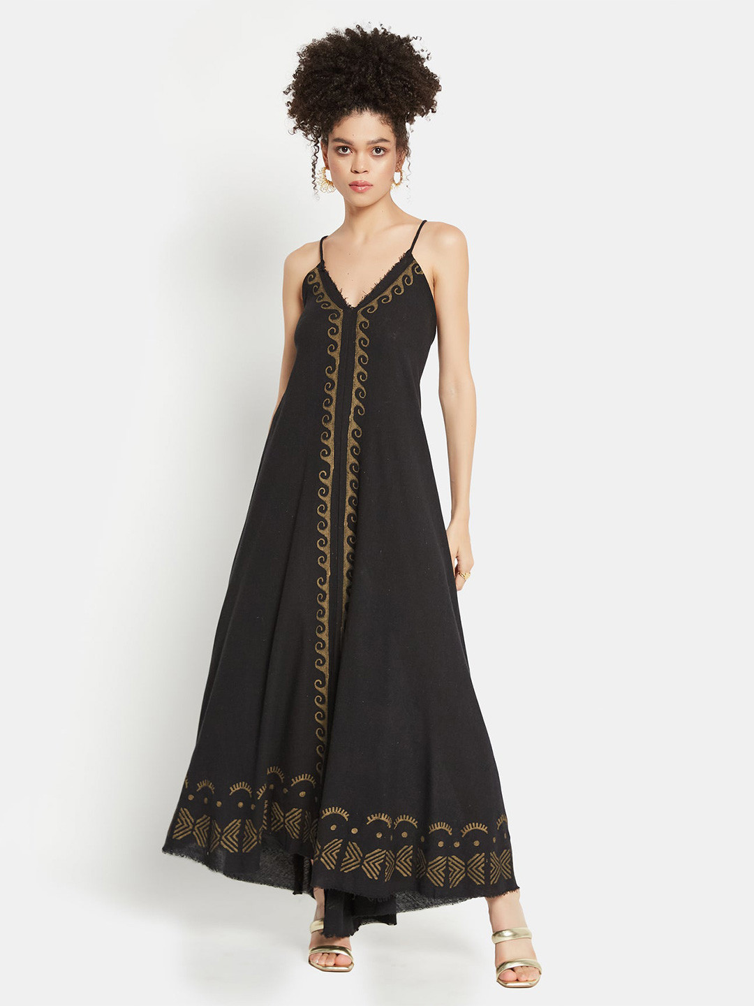 

Be Sunset Ibiza Abstract Printed Shoulder Straps Cotton A-Line Maxi Dress, Black