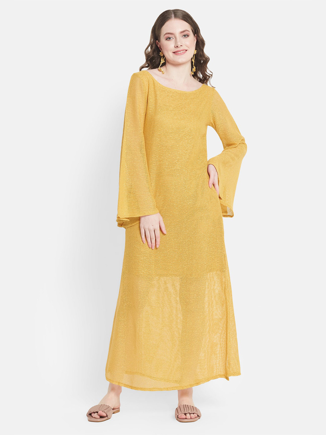 

Be Sunset Ibiza Self Design Flared Sleeves Pure Cotton Maxi Dress, Mustard