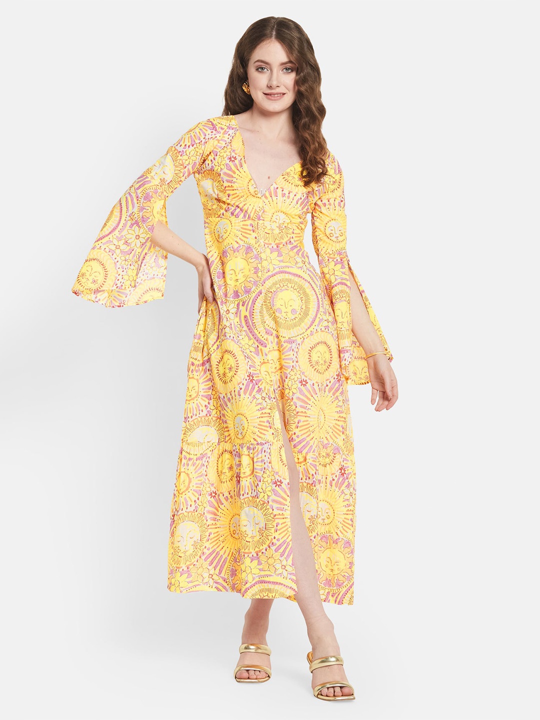 

Be Sunset Ibiza Ethnic Motifs Printed Bell Sleeve Fit & Flare Maxi Dress, Yellow