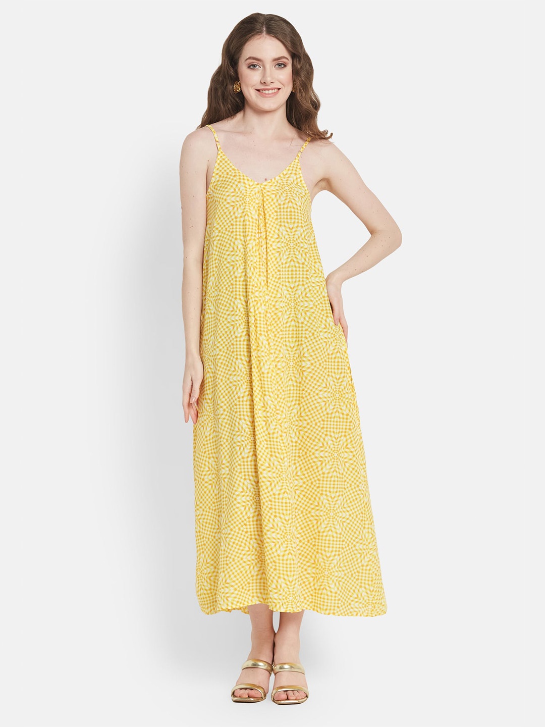 

Be Sunset Ibiza Floral Printed Pure Cotton A-Line Midi Dress, Yellow