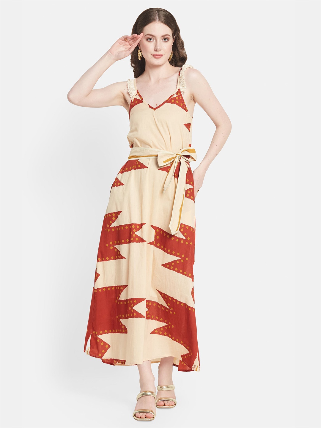 

Be Sunset Ibiza Geometric Printed Shoulder Straps Belted Cotton Maxi Dress, Red