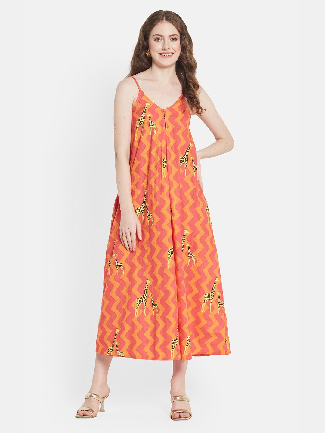 

Be Sunset Ibiza Chevron Printed Shoulder Strap A-Line Midi Dress, Fuchsia