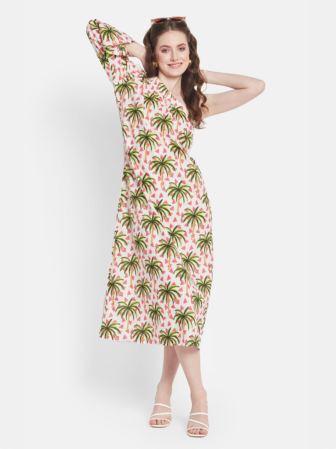 

Be Sunset Ibiza Tropical Printed One Shoulder Pure Cotton A-Line Midi Dress, White