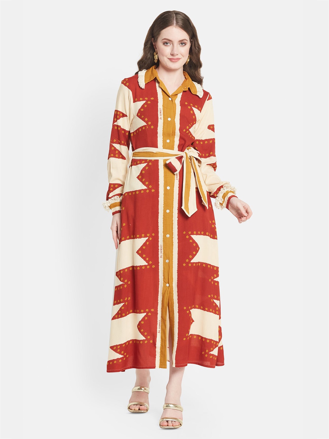 

Be Sunset Ibiza Geometric Printed Shirt Maxi Dress, Maroon