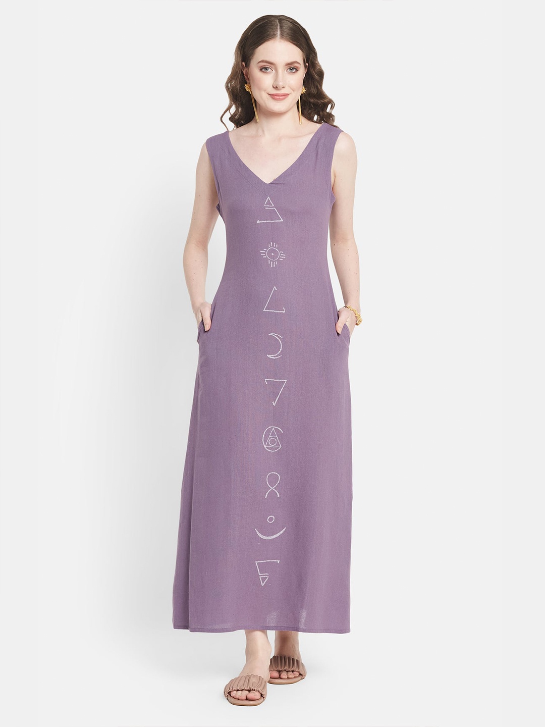 

Be Sunset Ibiza Geometric Printed V-Neck Cut-Out Detailed Pure Cotton Maxi Dress, Lavender