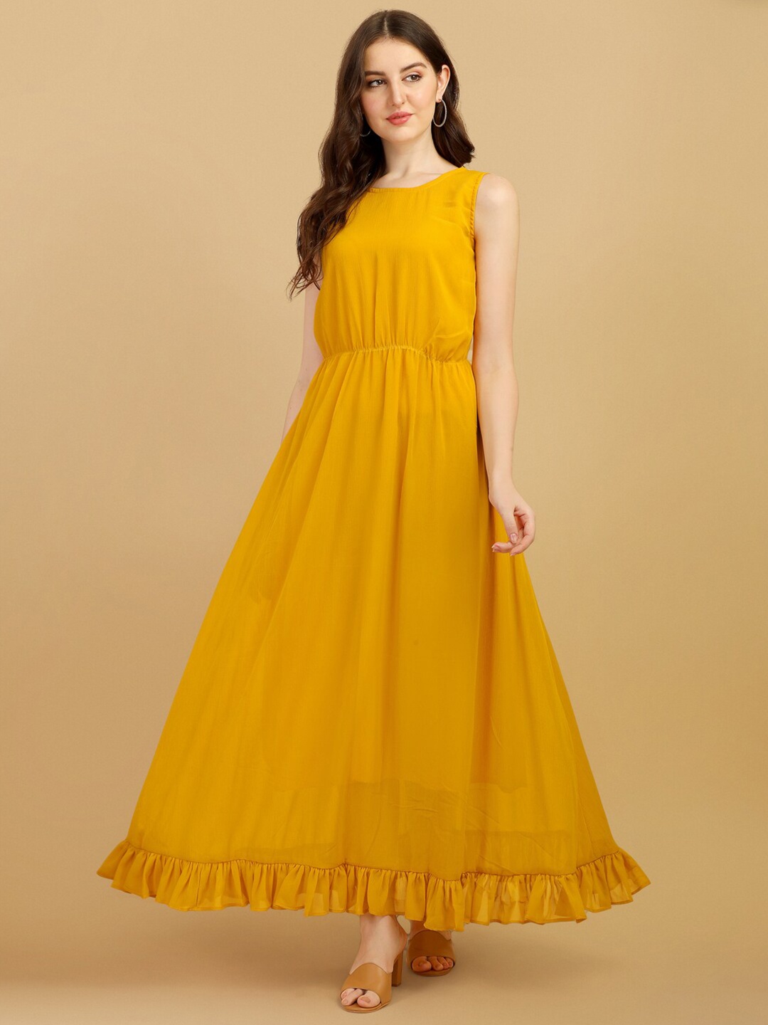 

Vidraa Western Store Round Neck Georgette Maxi Dress, Yellow