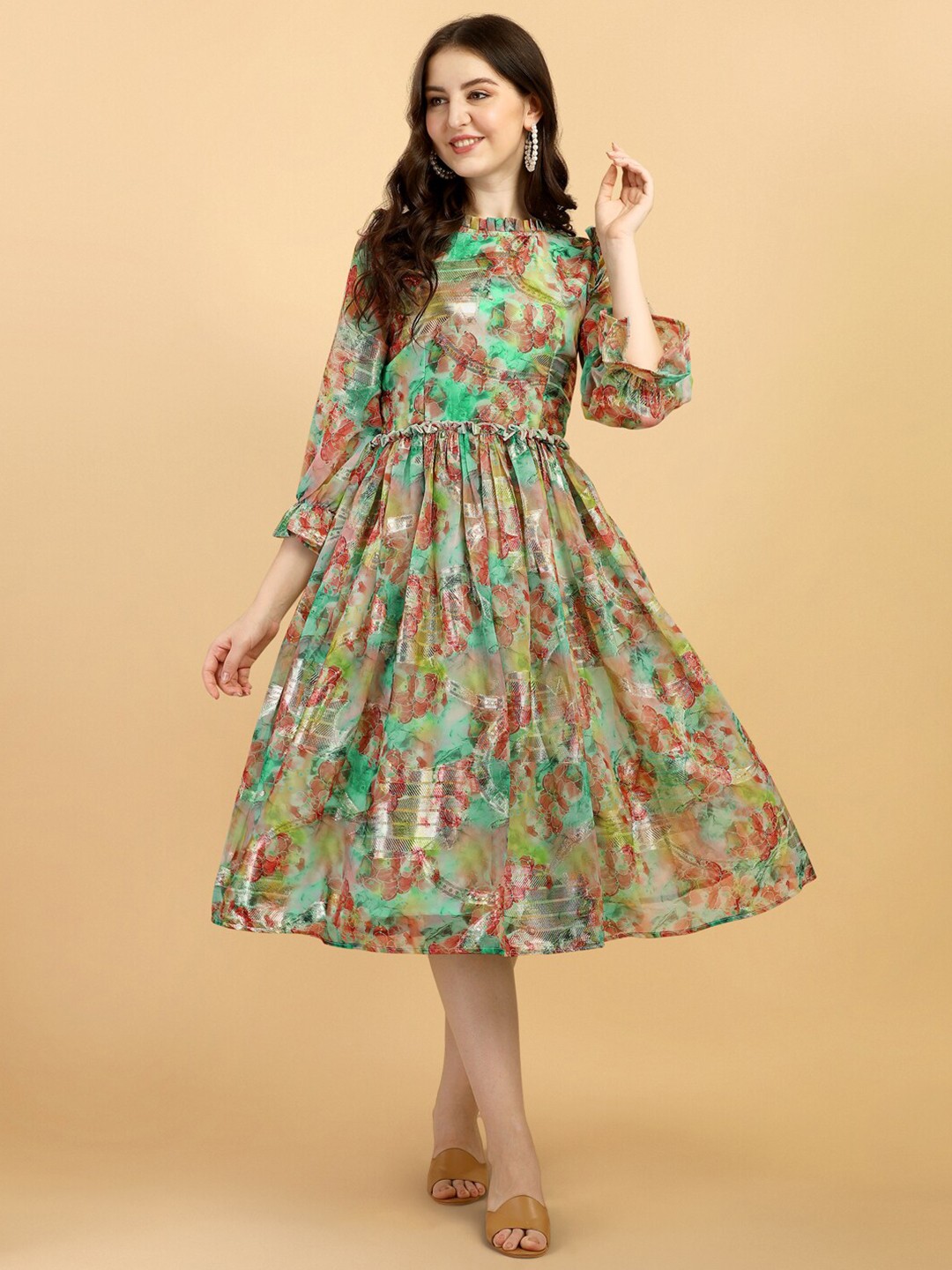 

Vidraa Western Store Floral Printed Jacquard A-Line Midi Dress, Green