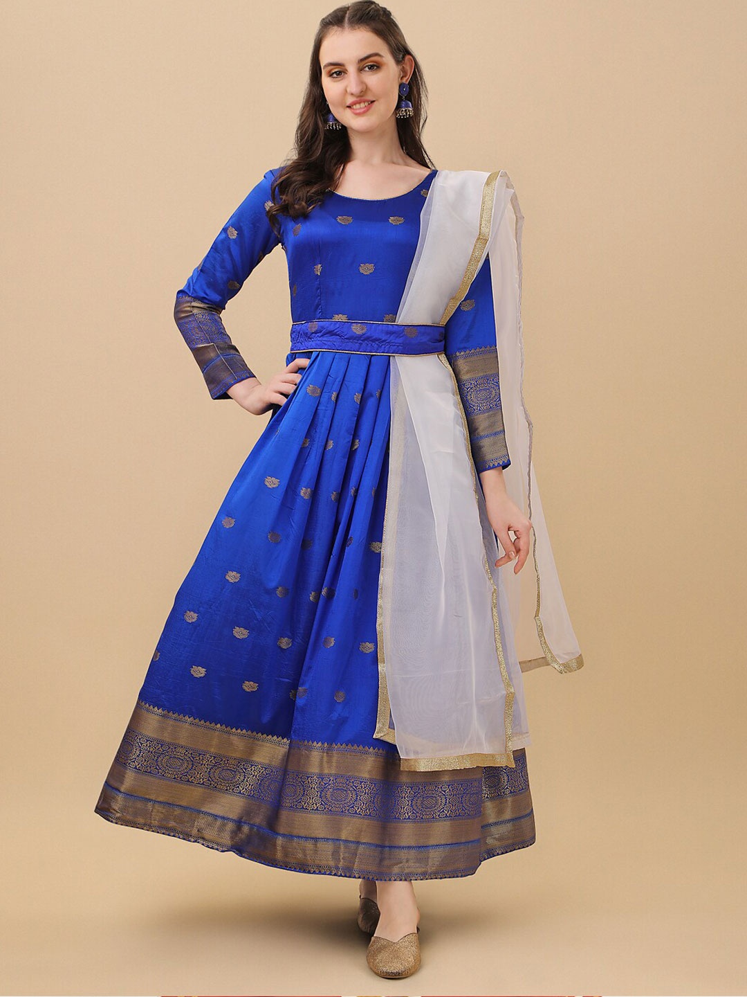 

Vidraa Western Store Ethnic Motifs Printed Jacquard Fit & Flare Ethnic Dress With Dupatta, Blue