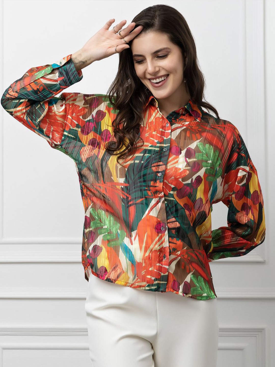 

Beatnik Floral Printed Cotton Casual Shirt, Orange