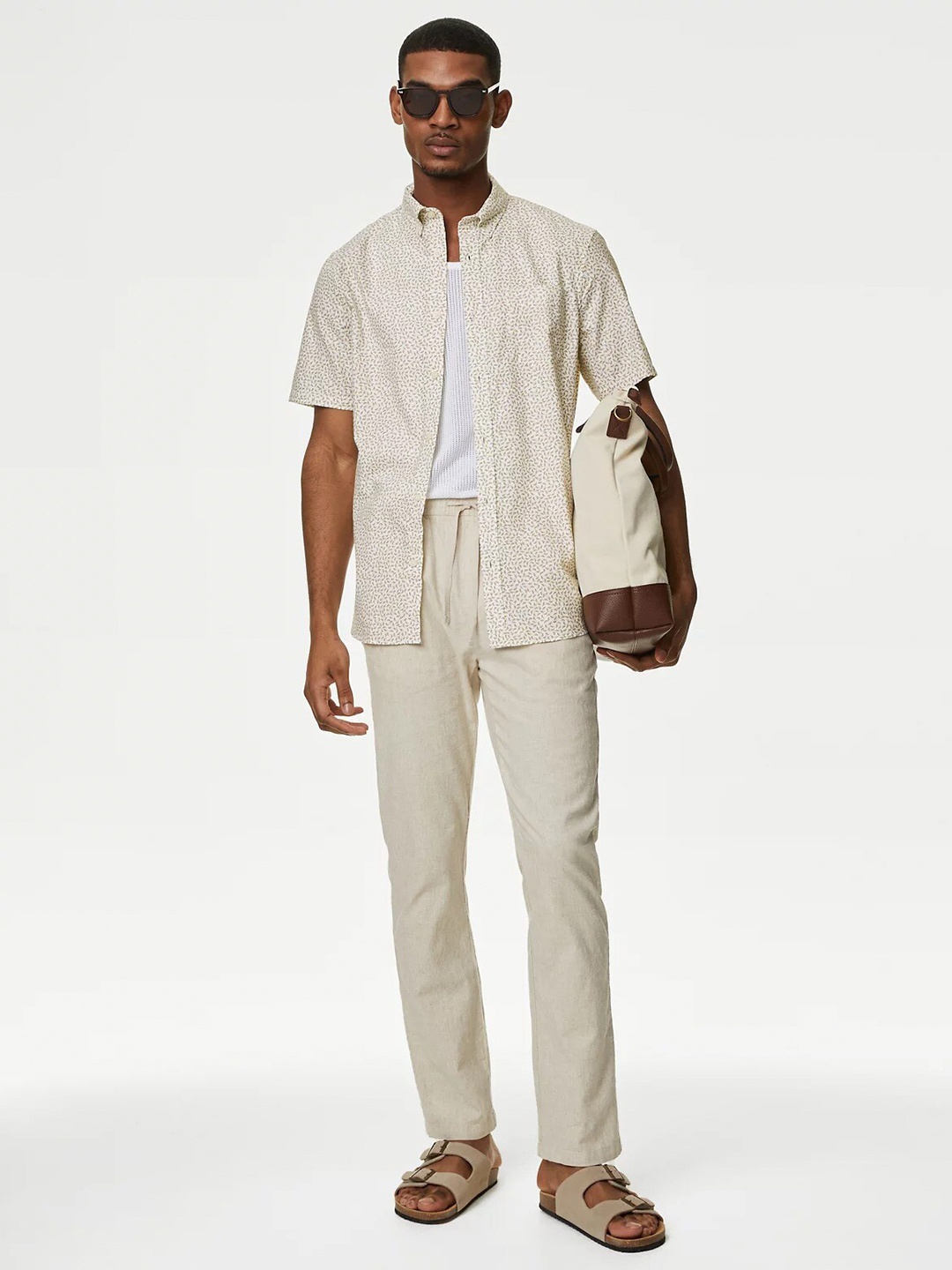 

Marks & Spencer Floral Printed Button-Down Collar Pure Cotton Casual Shirt, Beige