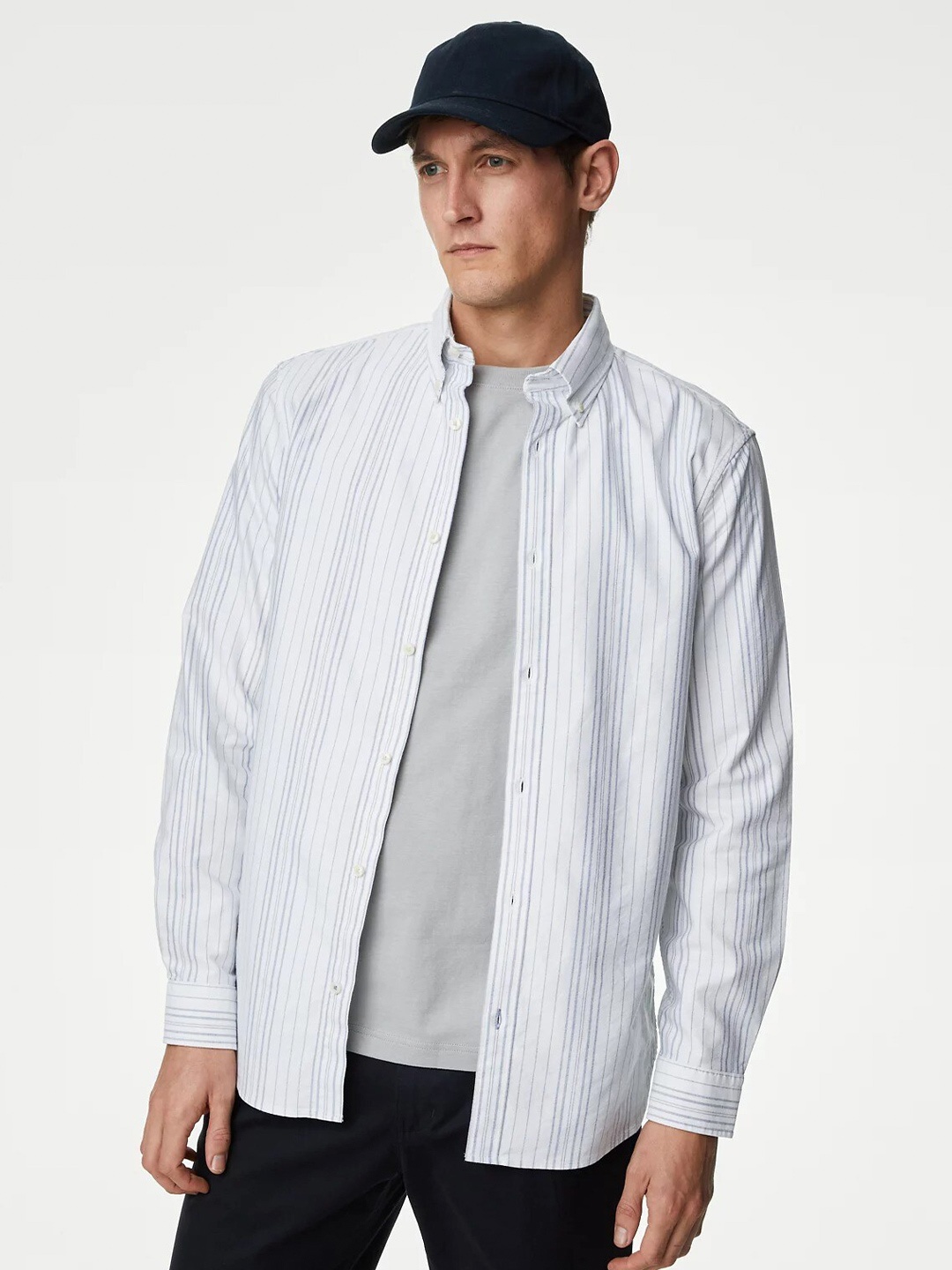 

Marks & Spencer Vertical Striped Button-Down Collar Pure Cotton Casual Shirt, White