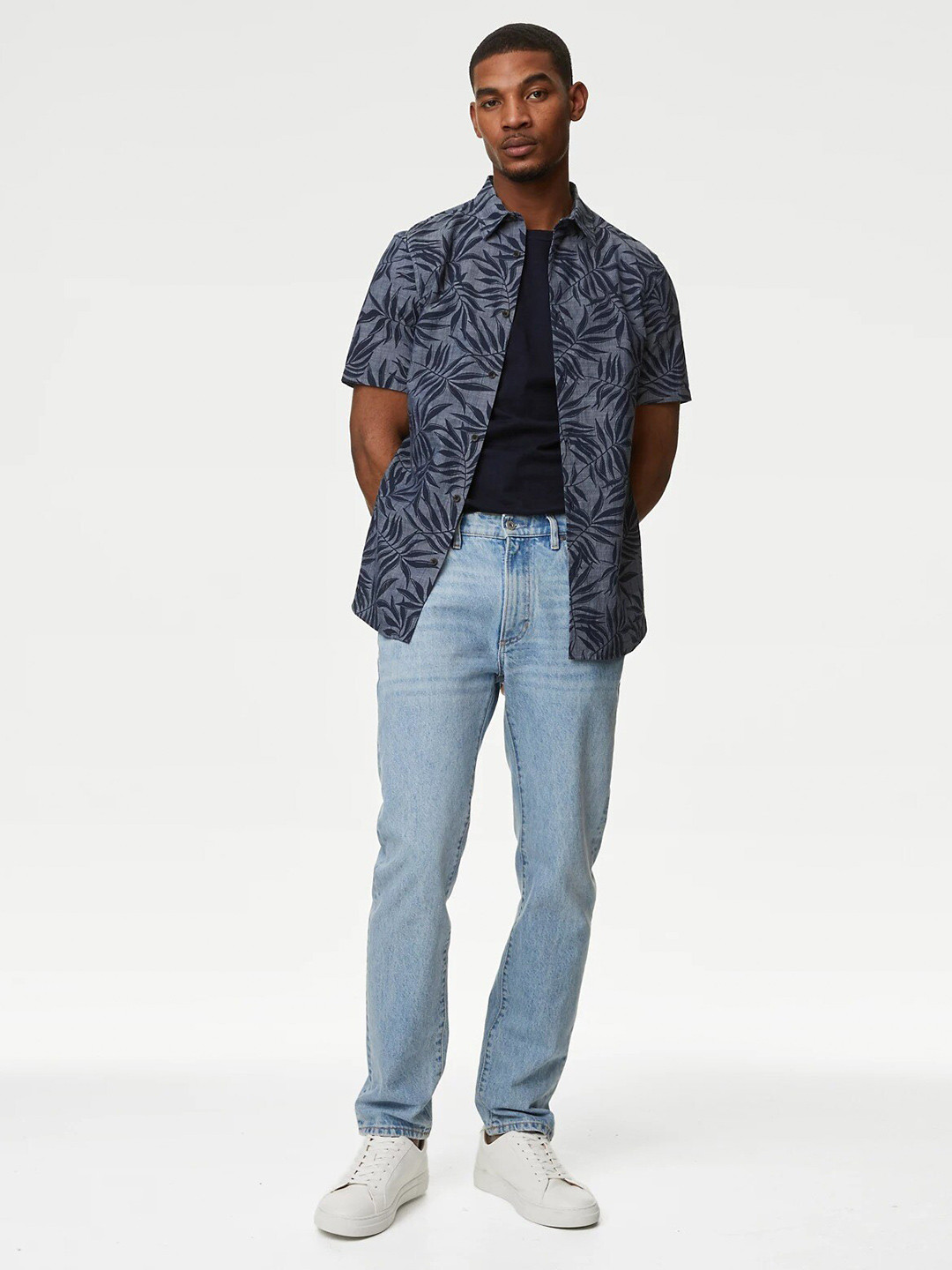 

Marks & Spencer Palm Printed Easy Iron Pure Cotton Casual Shirt, Navy blue