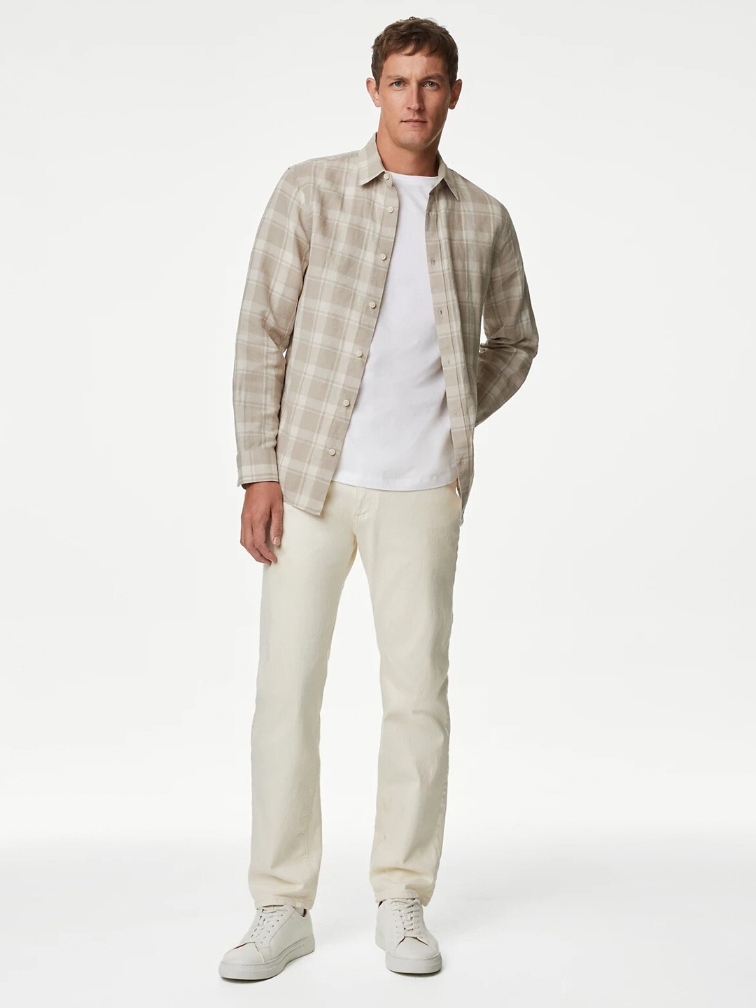 

Marks & Spencer Tartan Checks Cotton Linen Casual Shirt, Beige