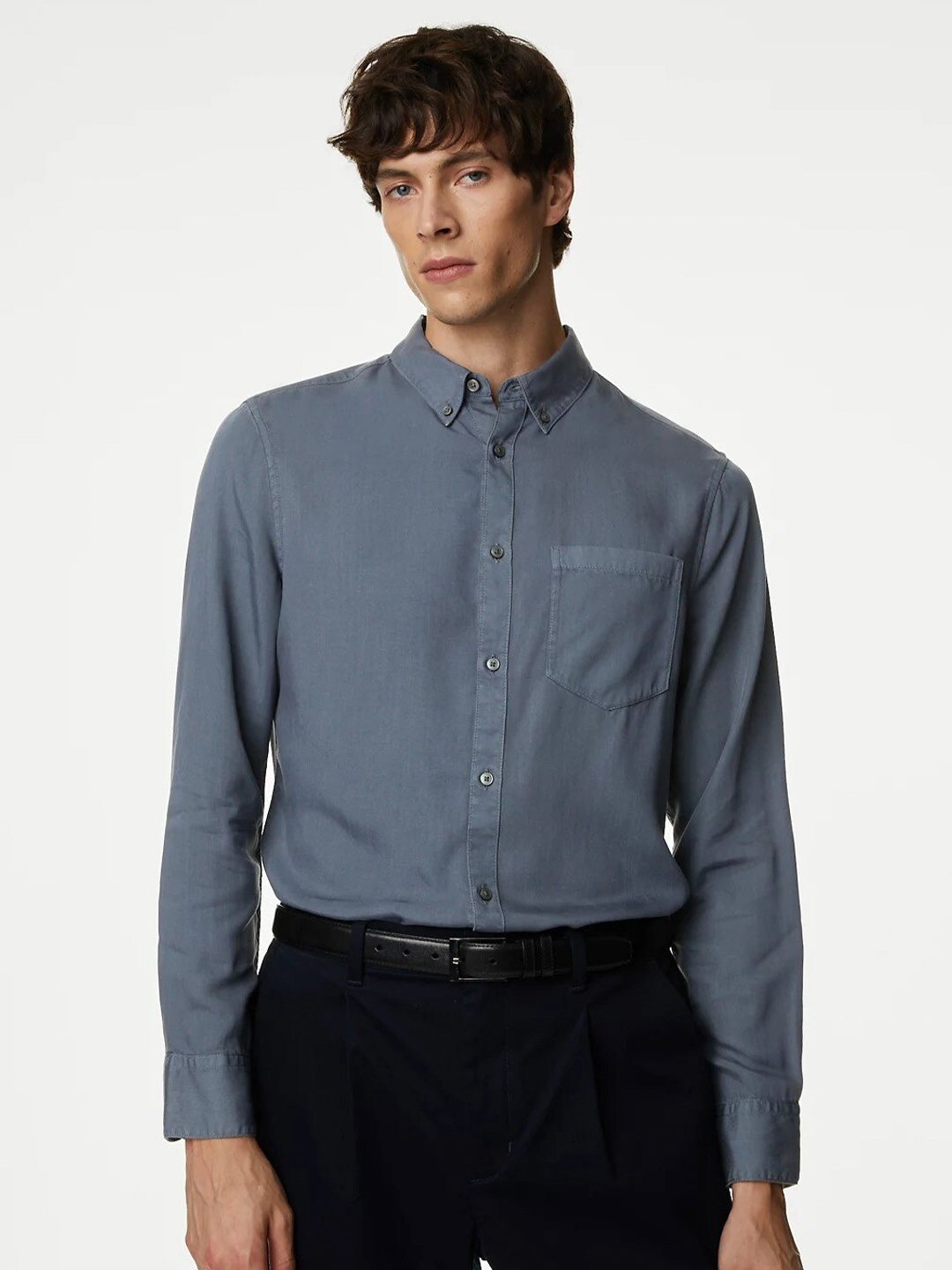 

Marks & Spencer Button-Down Collar Pure Cotton Formal Shirt, Grey