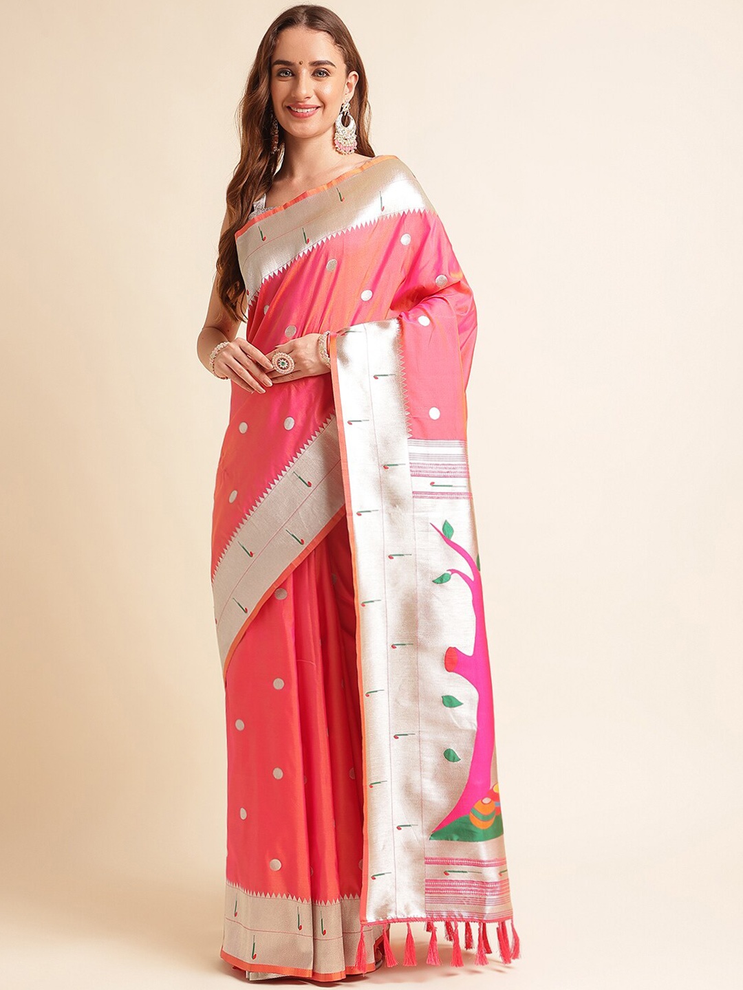 

RAJ DHARMA SILK Woven Design Zari Paithani Saree with Tassels, Pink