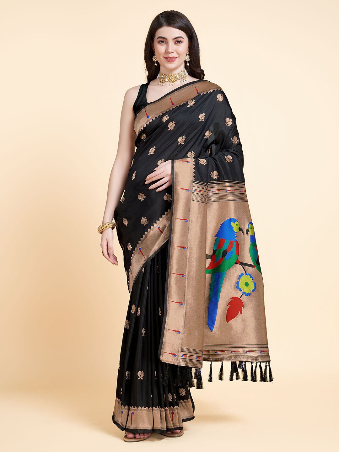 

RAJ DHARMA SILK Woven Design Zari Paithani Saree with Tassels, Black