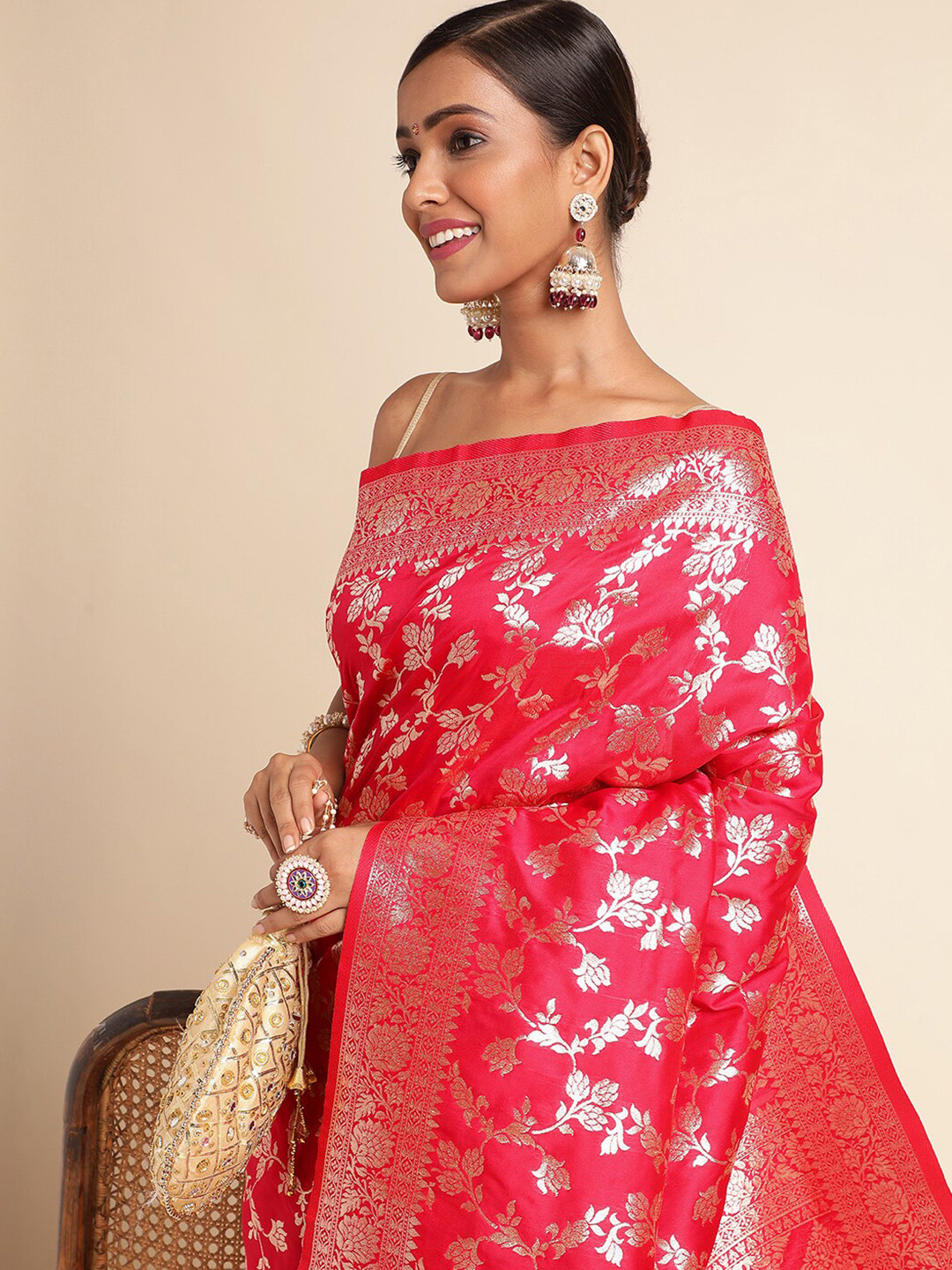 

RAJ DHARMA SILK Floral Zari Banarasi Silk Saree, Pink