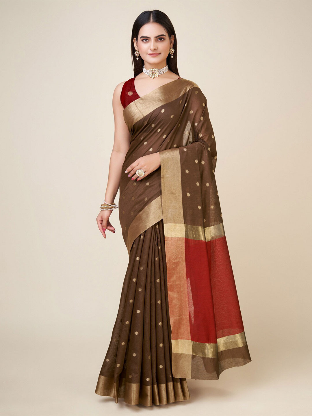 

RAJ DHARMA SILK Woven Design Zari Kota Saree, Coffee brown
