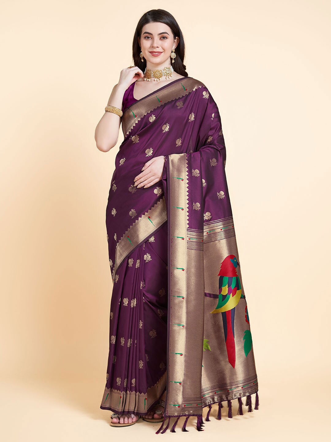 

RAJ DHARMA SILK Woven Design Zari Paithani Saree with Tassels, Purple