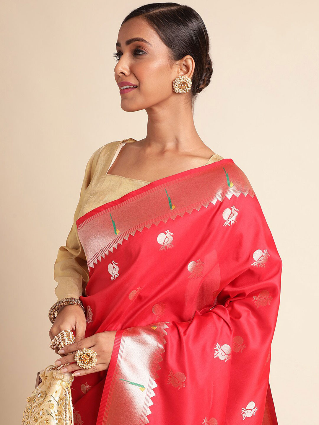 

RAJ DHARMA SILK Ethnic Motifs Woven Design Zari Art Silk Paithani Saree, Red