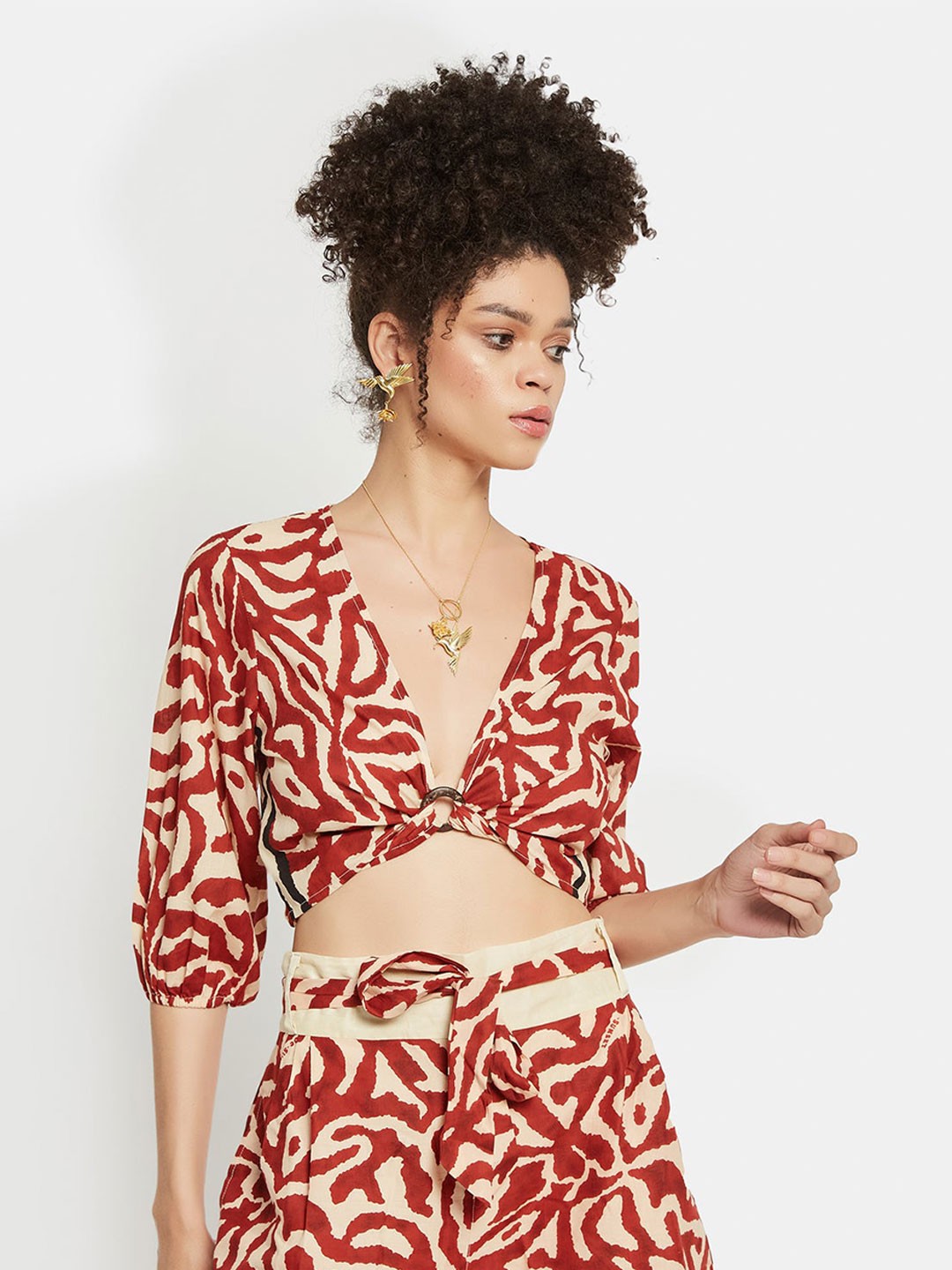 

Be Sunset Ibiza Seta Reveria Abstract Printed Pure Cotton Wrap Crop Top, Red
