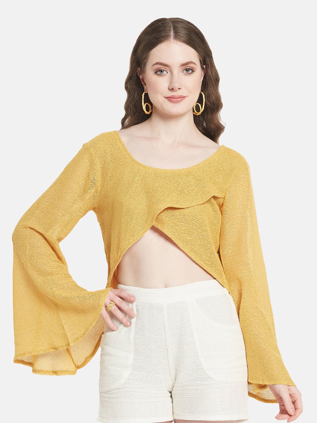 

Be Sunset Ibiza Bell Sleeves Cotton Wrap Crop Top, Mustard