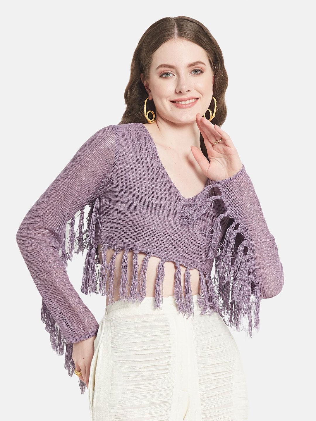 

Be Sunset Ibiza V-Neck Long Sleeves Cotton Crop Top, Lavender