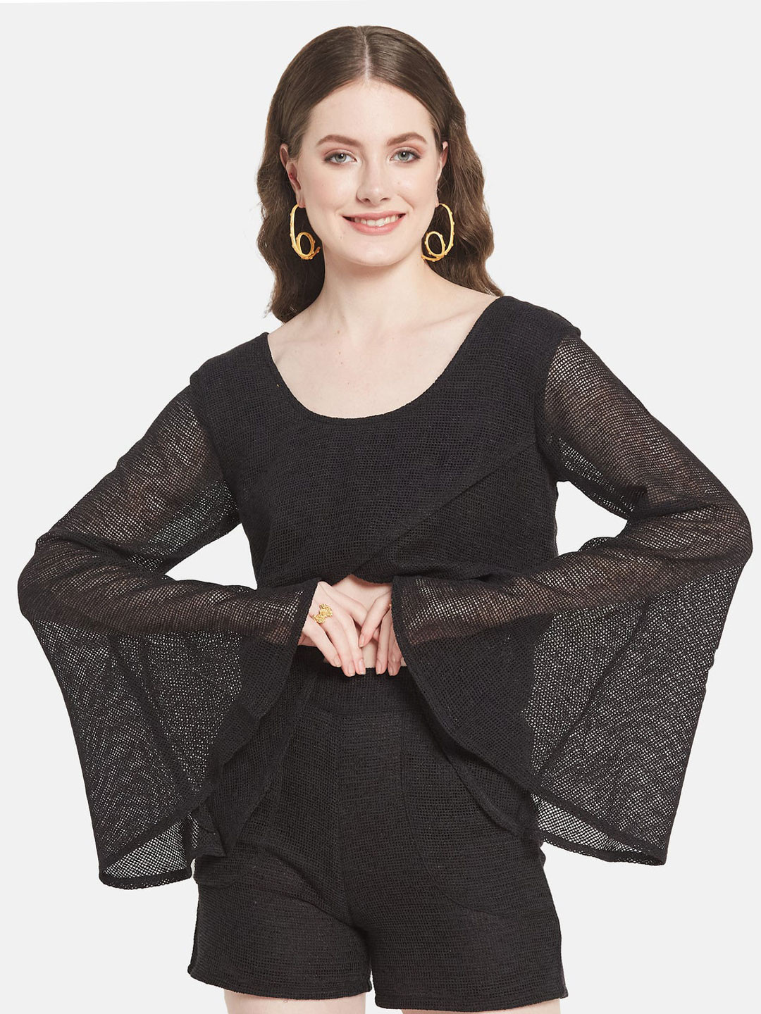 

Be Sunset Ibiza Bell Sleeve Pure Cotton Fitted Crop Top, Black