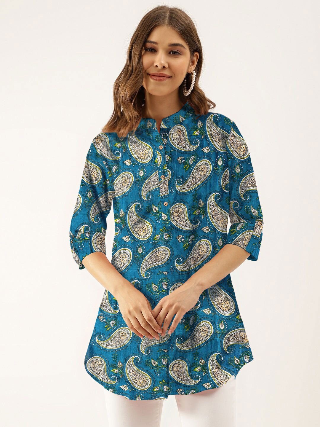 

The Dry State Teal Blue Ethnic Motifs Printed Mandarin Collar A-Line Kurti