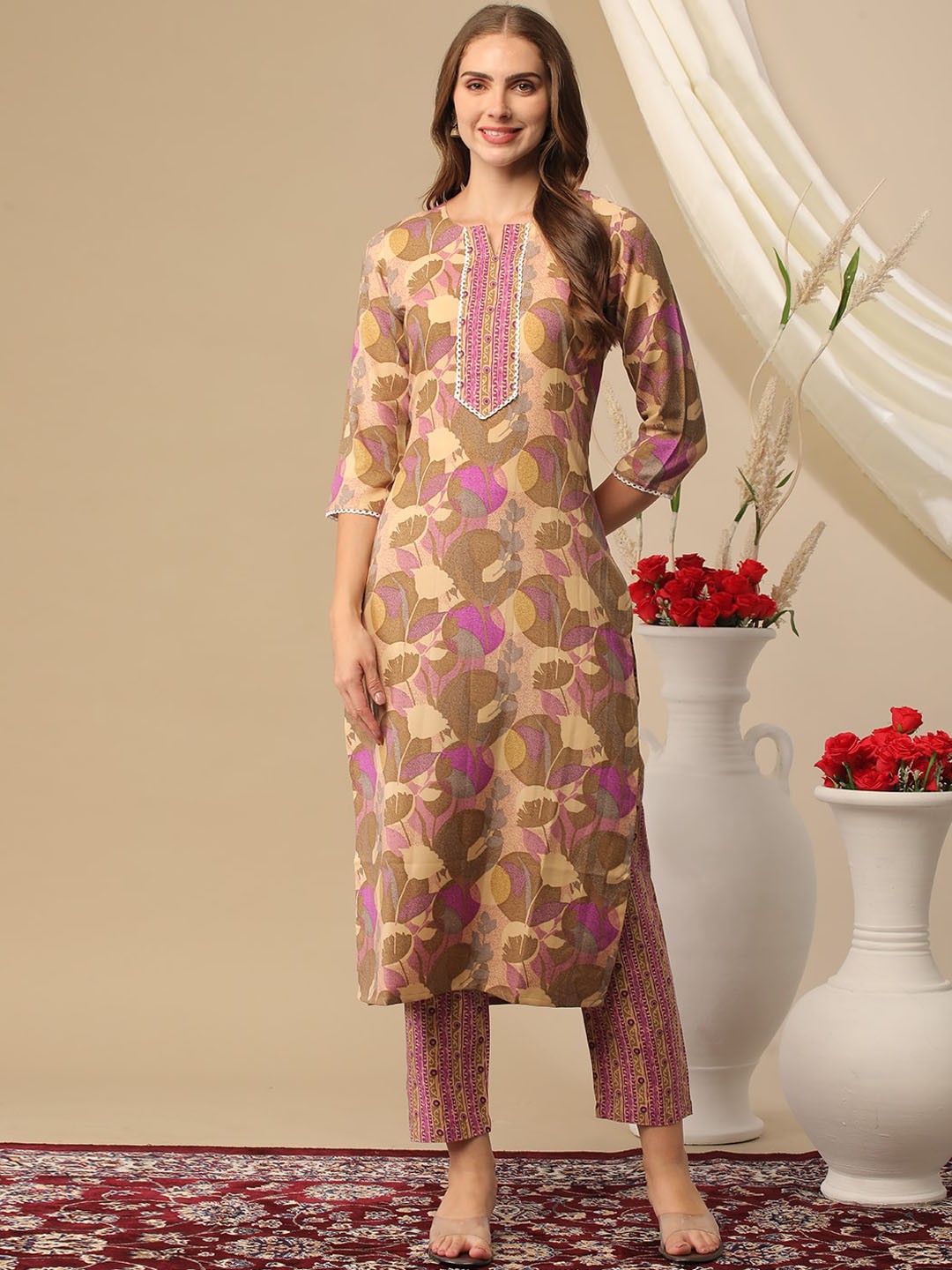 

KALINI Notched Neck Floral Printed Straight Kurta with Trouser, Beige