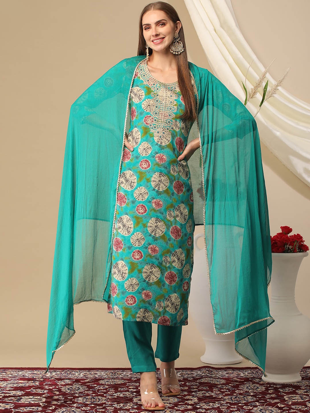 

KALINI Floral Printed Regular Straight Kurta With Trousers & With Dupatta, Blue