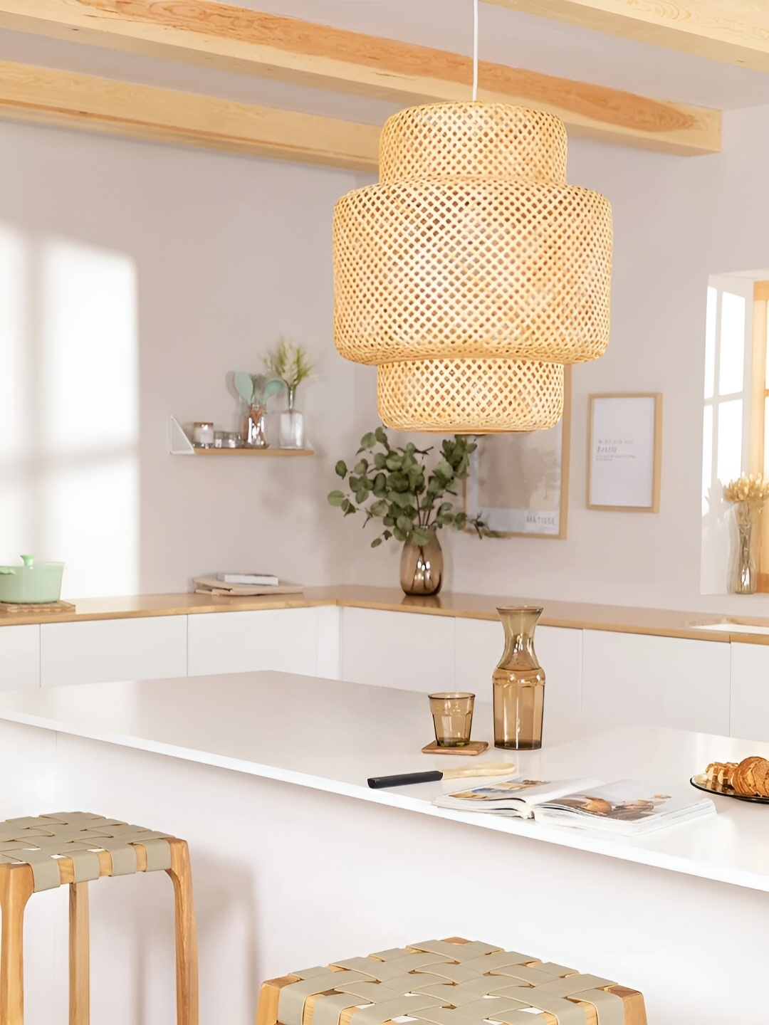 

akway Beige Textured Cylinder Wooden Ceiling Lamp