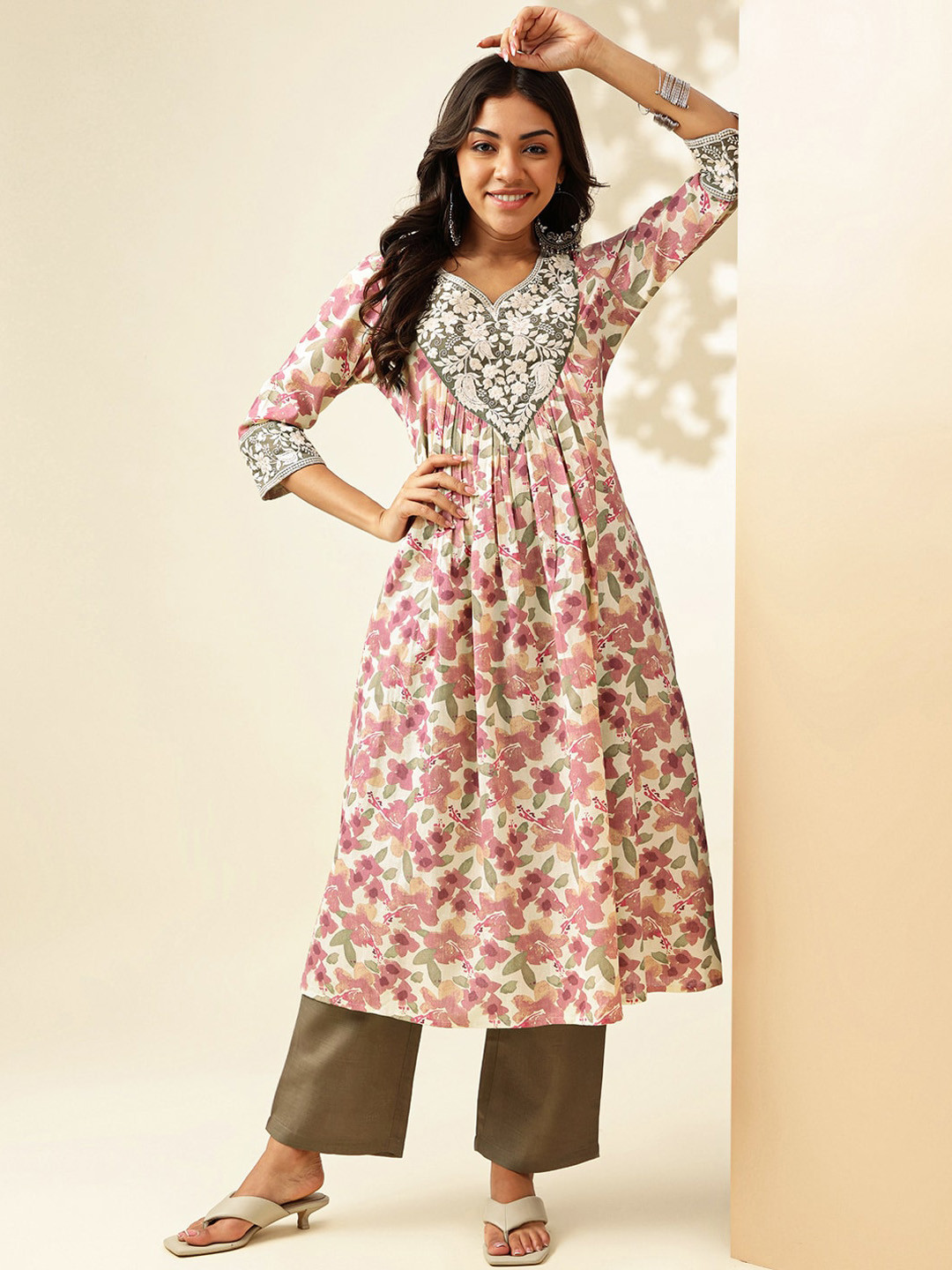 

Anouk Floral Printed Pleated Thread Work A-Line Pure Cotton Kurta with Palazzo, Pink