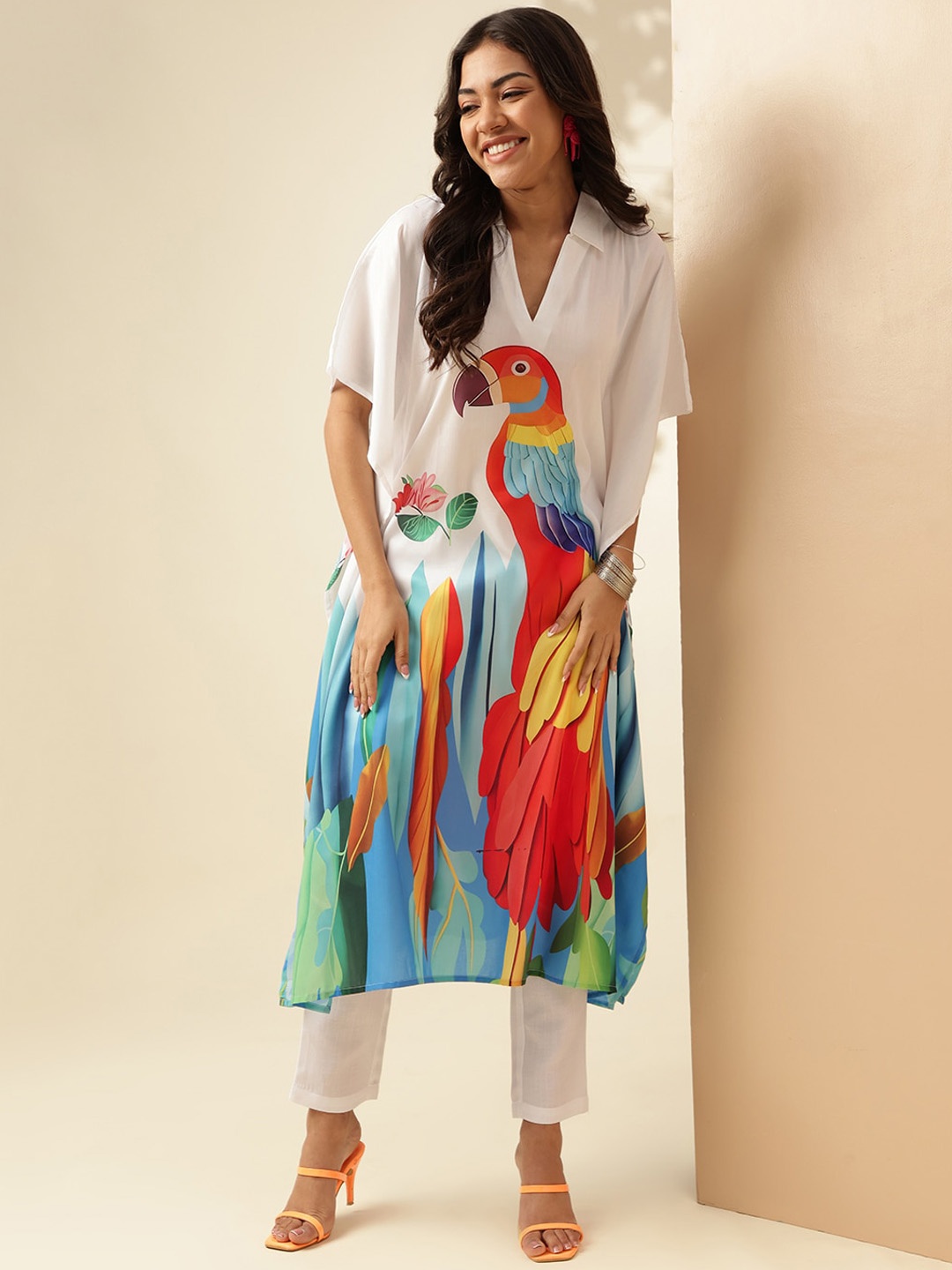 

Anouk White Animal Printed Angrakha Kurta With Trousers